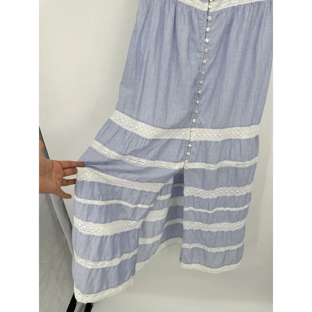 GAP Lace Trim Maxi Dress S Petite Blue Stripe Cotton Button Front Cottagecore - Picture 11 of 16